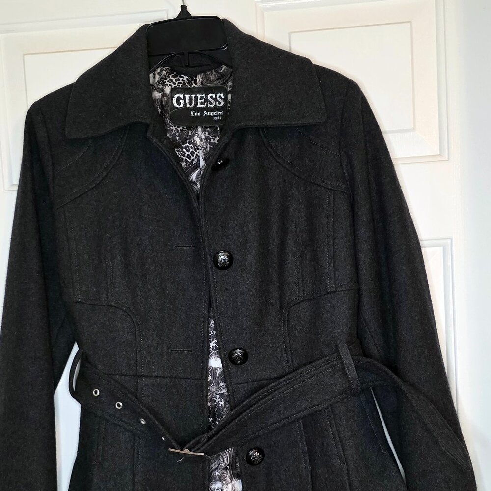 Guess Wool Blend Charcoal Gray Belted Pleated Skirt Peacoat With Pockets.